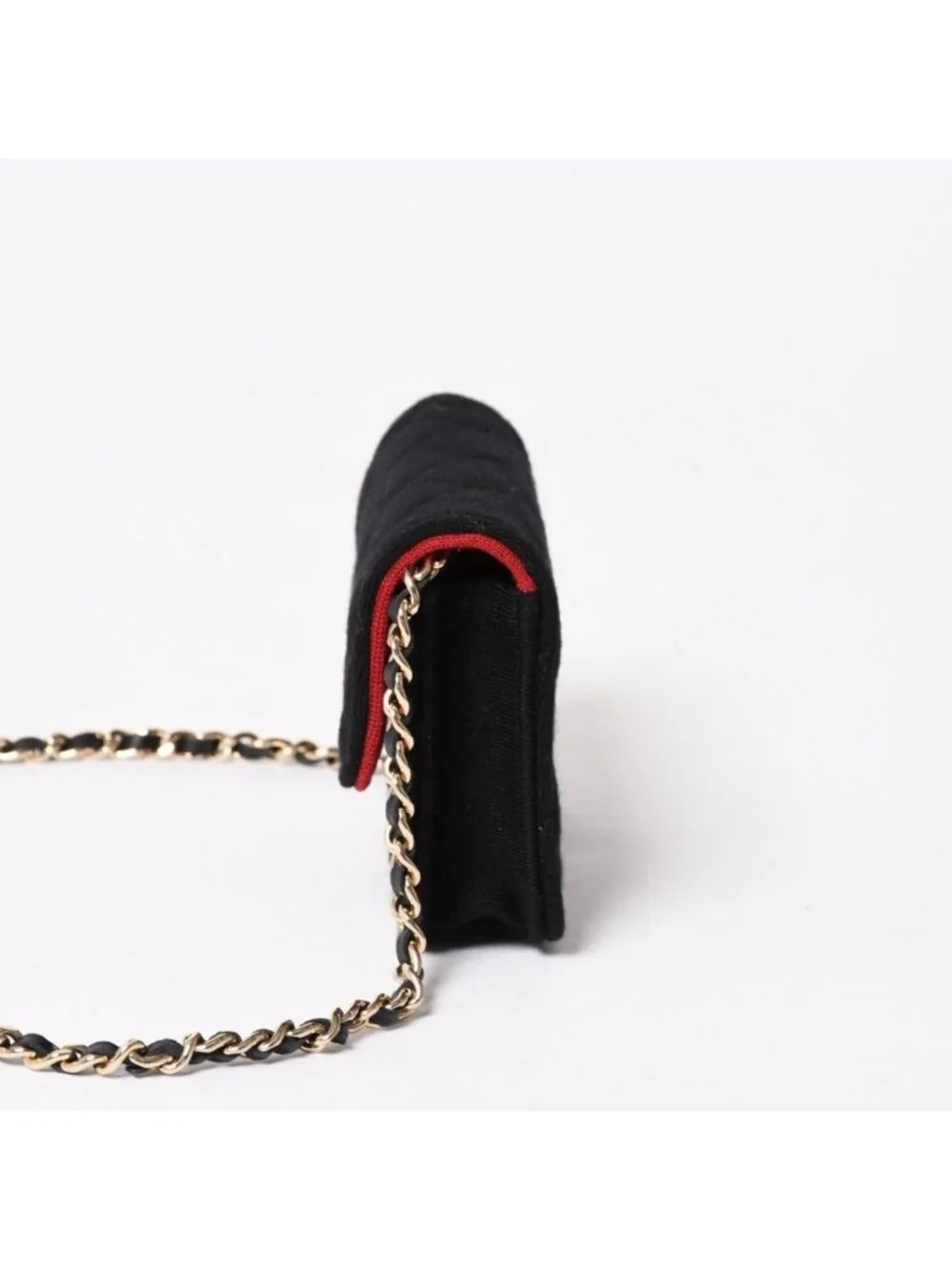 Chanel Mini Quilted Chain Shoulder Bag CC Logo Stand Black Gold Cotton